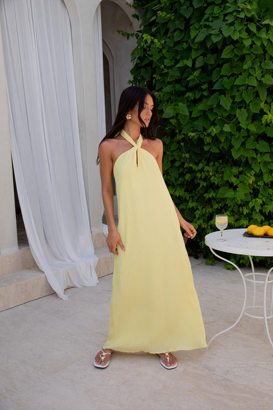 Damen Maxikleid mit Neckholder in Gelb Jully