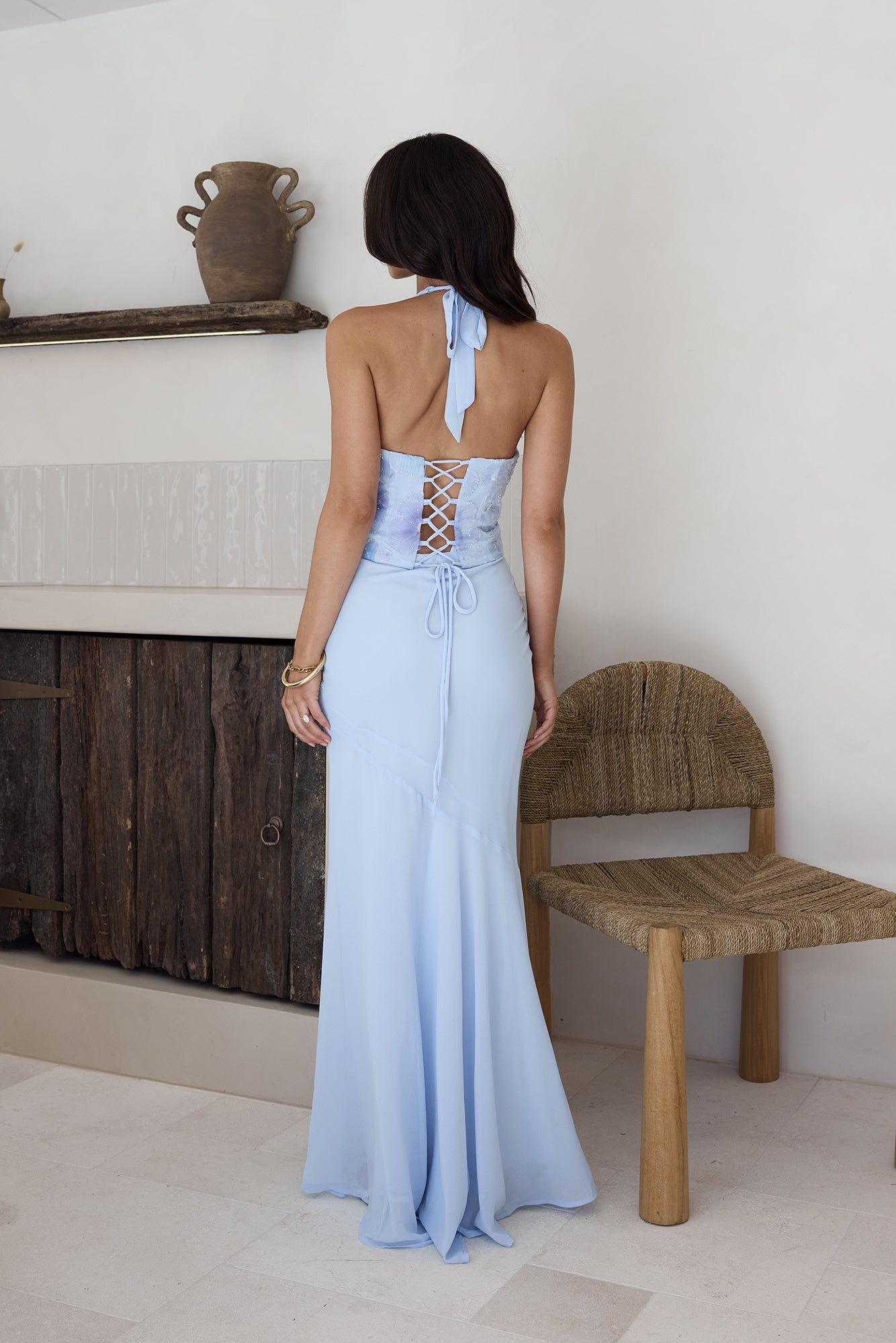 Damen Maxikleid mit Neckholder und Perlenbesatz Jully
