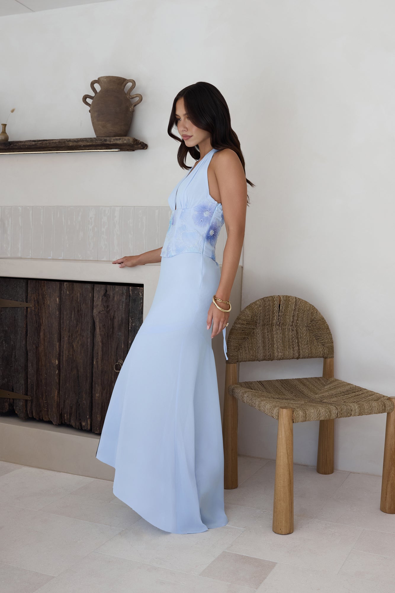 Damen Maxikleid mit Neckholder und Perlenbesatz Jully