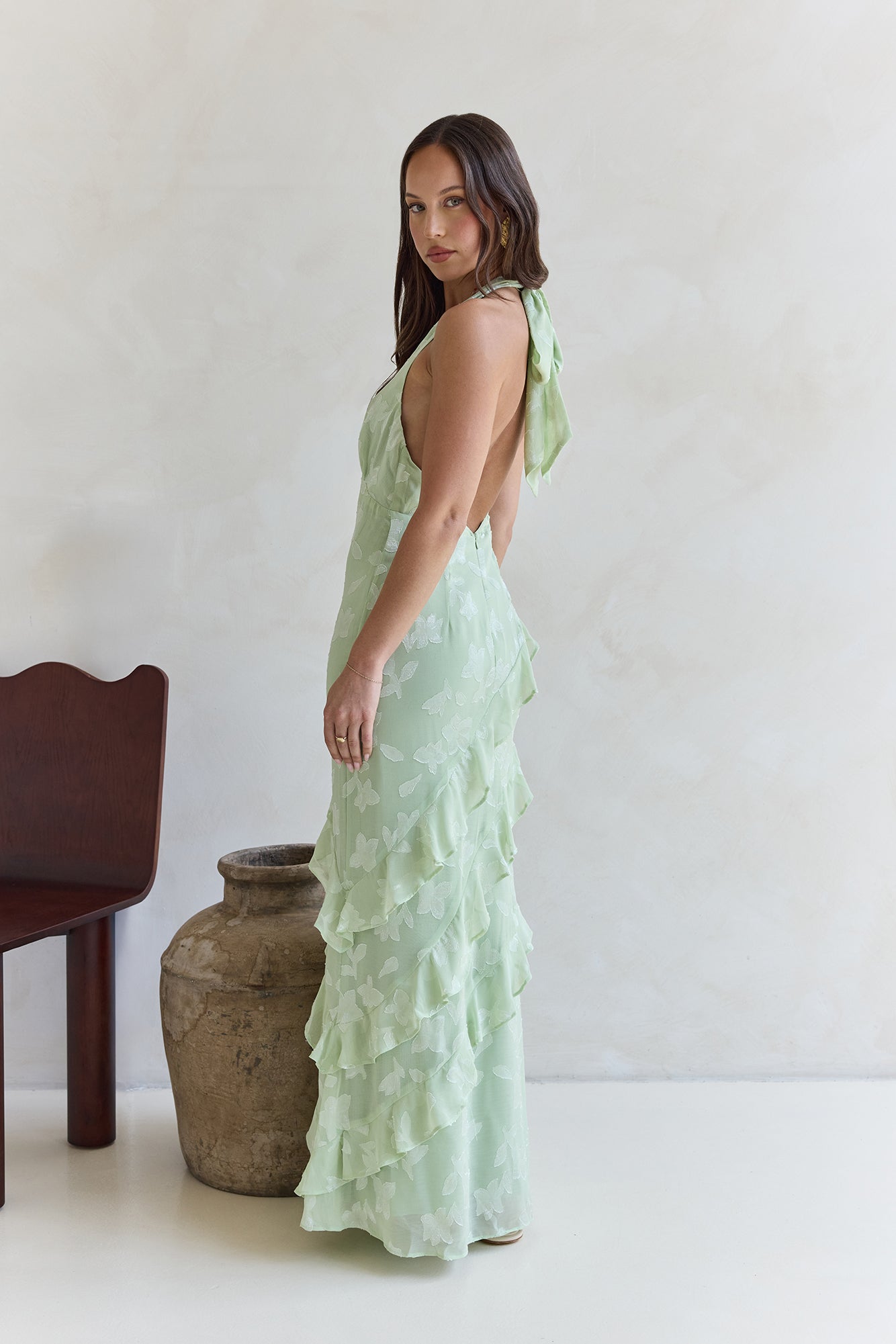 Damen Maxikleid mit Neckholder und Rüschendetails Jully