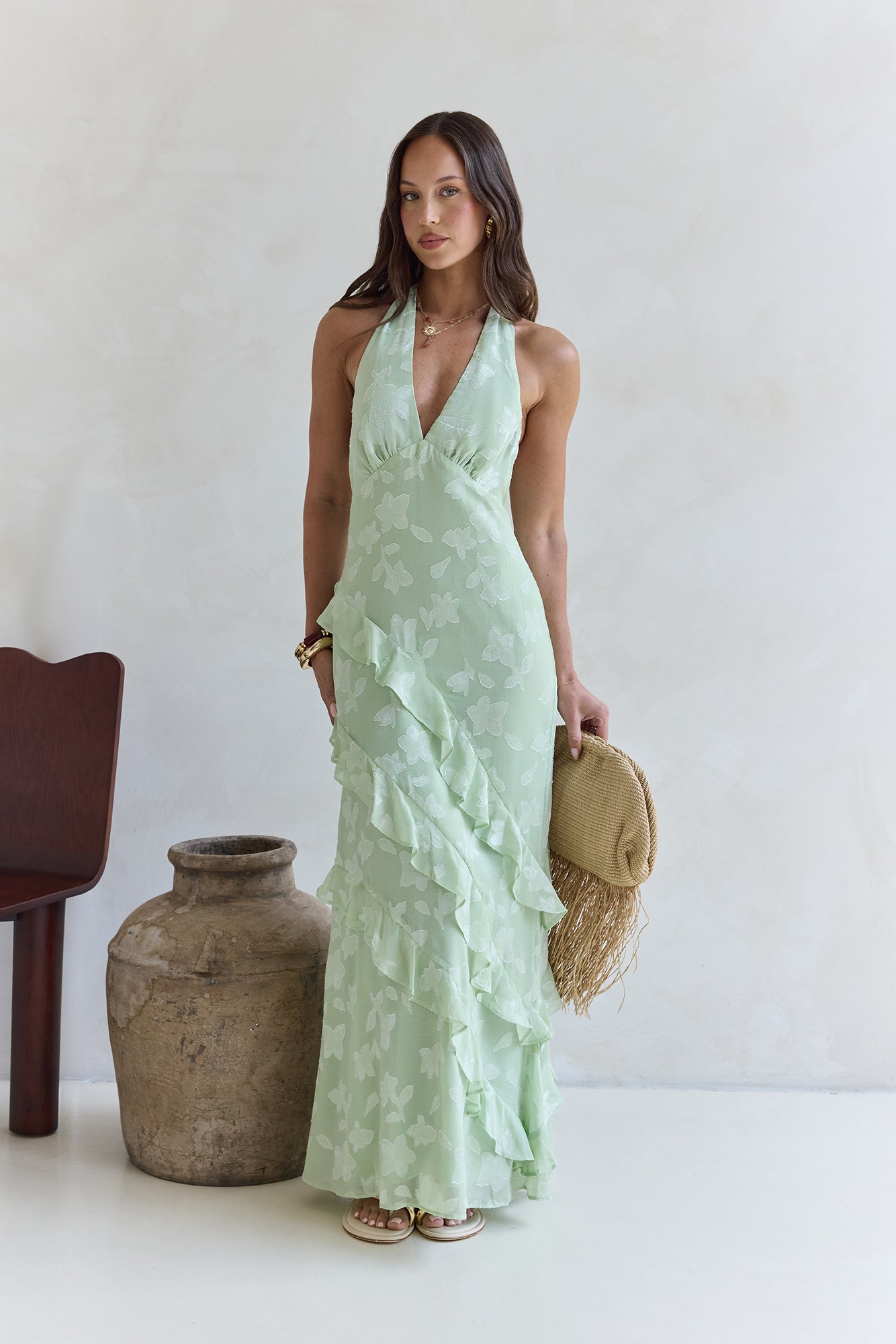Damen Maxikleid mit Neckholder und Rüschendetails Jully