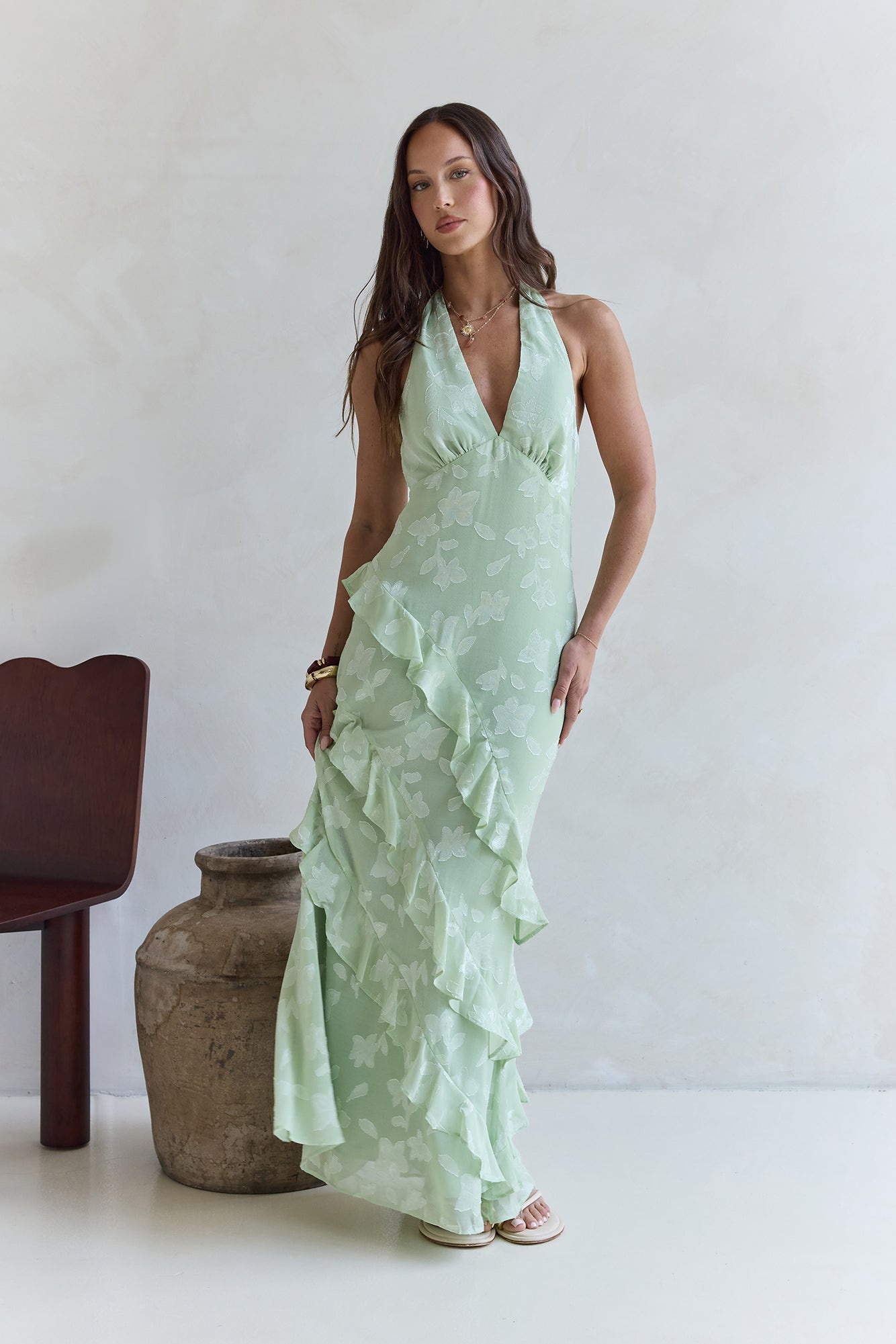 Damen Maxikleid mit Neckholder und Rüschendetails Jully