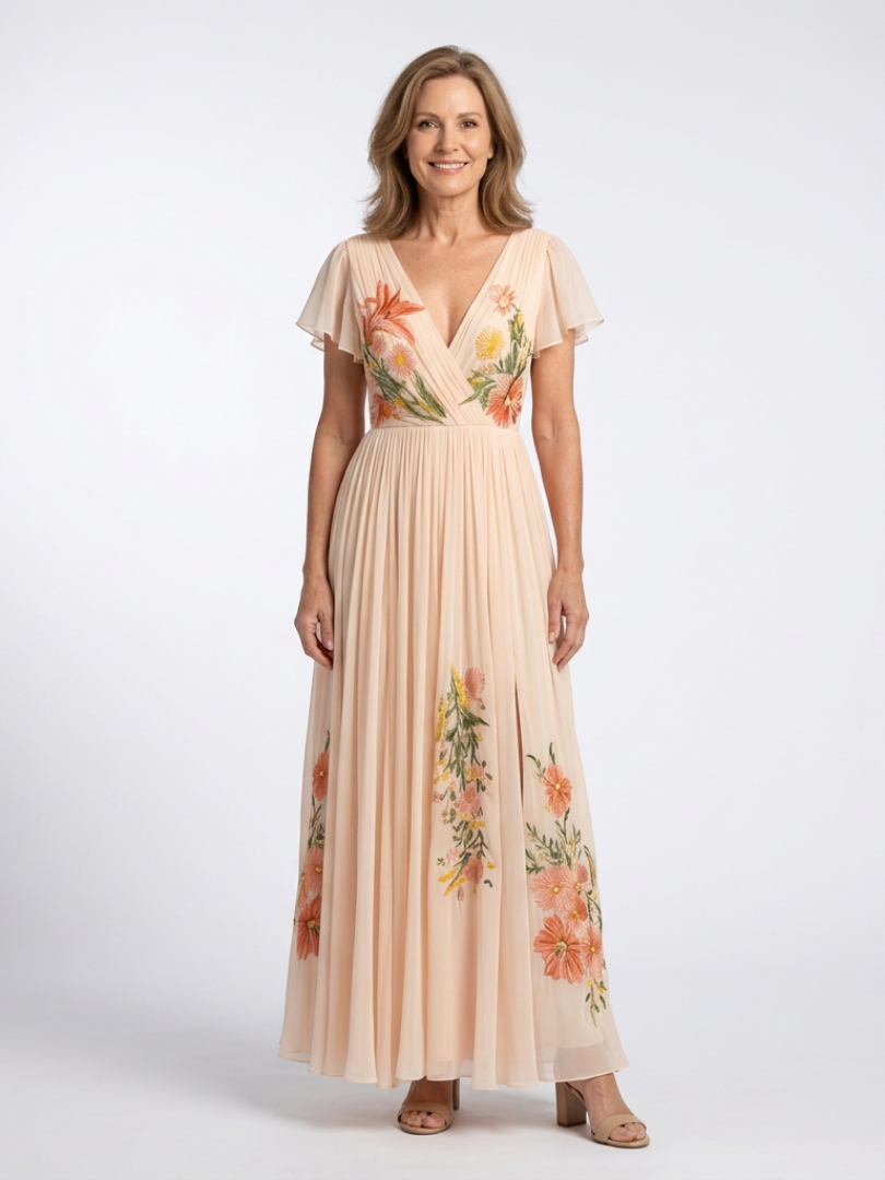 Damen Maxikleid mit Plissee und Blumenmuster Jully