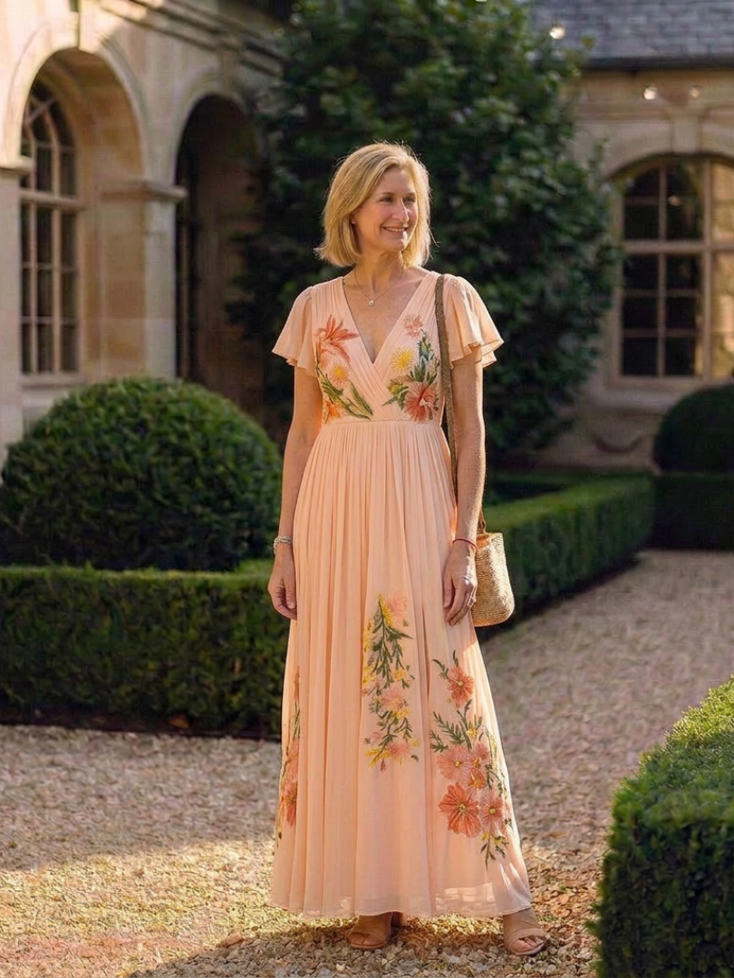 Damen Maxikleid mit Plissee und Blumenmuster Jully