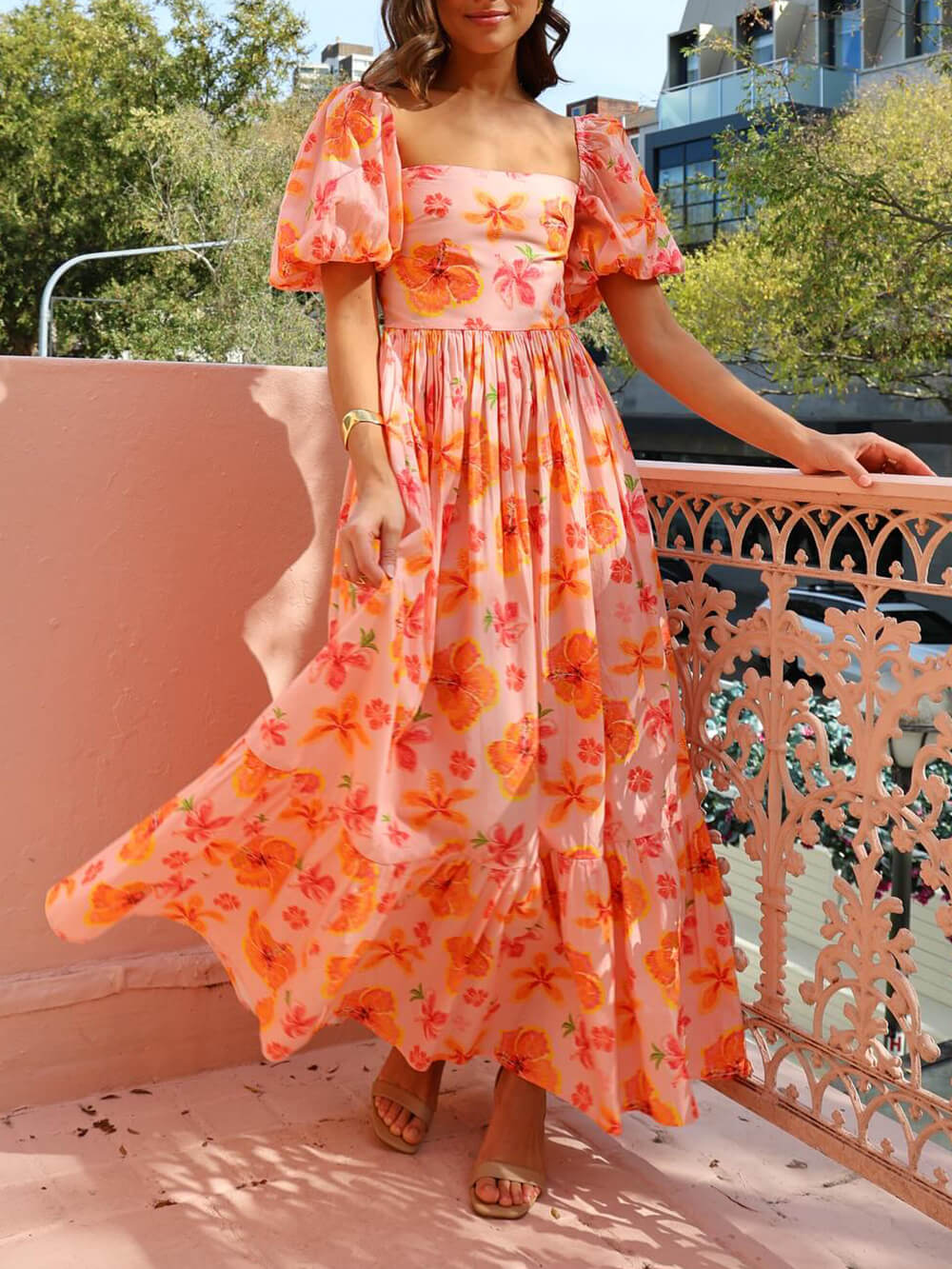Damen Maxikleid mit Puffärmeln und Blumendruck Jully