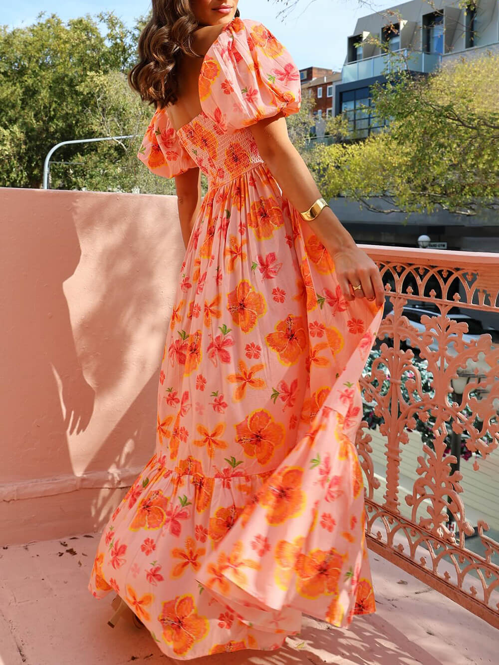 Damen Maxikleid mit Puffärmeln und Blumendruck Jully