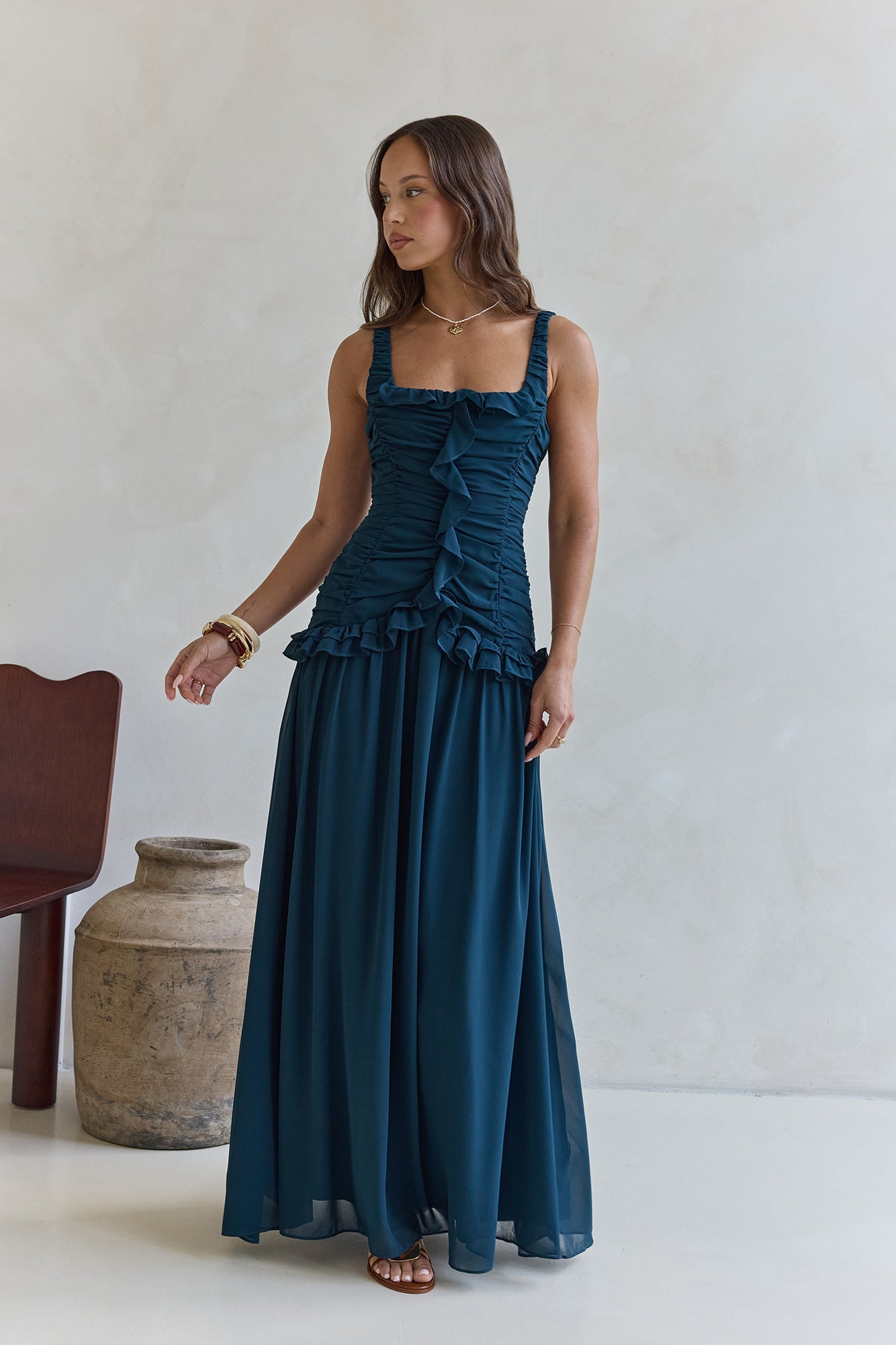 Damen Maxikleid mit Rüschendetails in Grün Jully