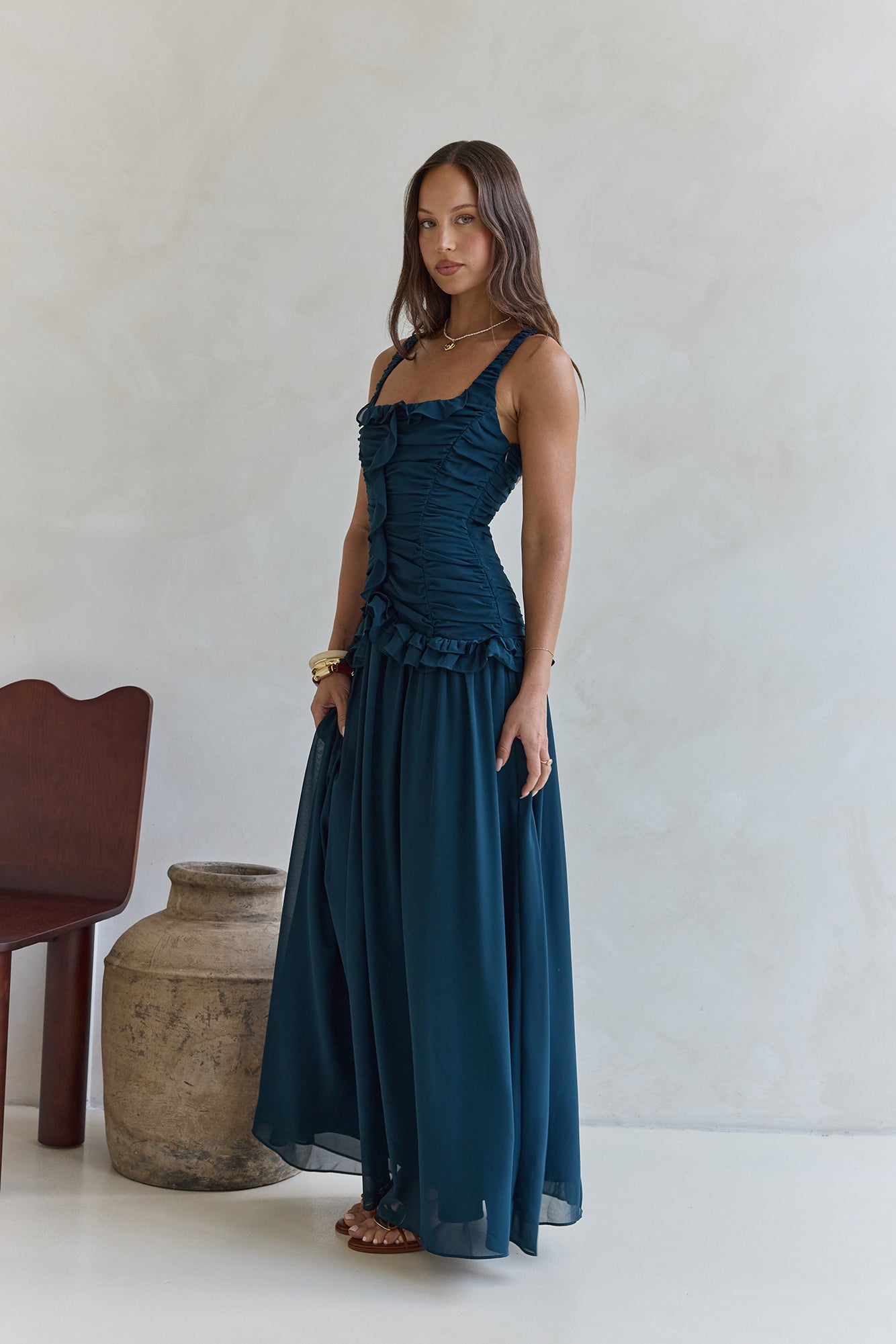 Damen Maxikleid mit Rüschendetails in Grün Jully