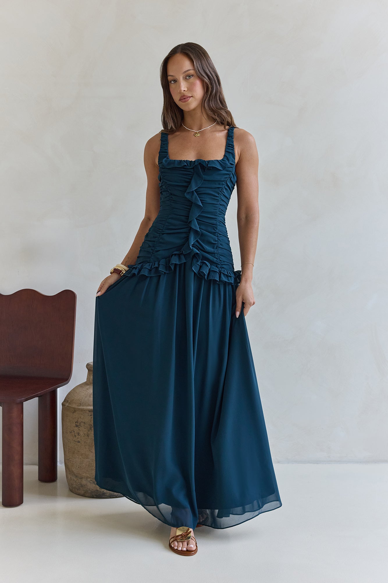 Damen Maxikleid mit Rüschendetails in Grün Jully