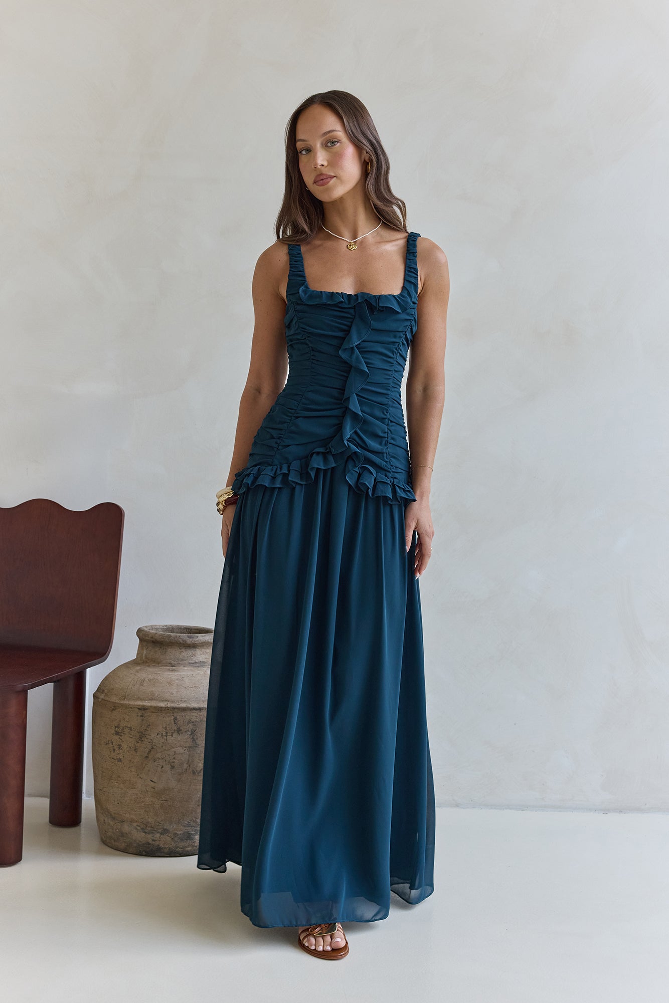 Damen Maxikleid mit Rüschendetails in Grün Jully