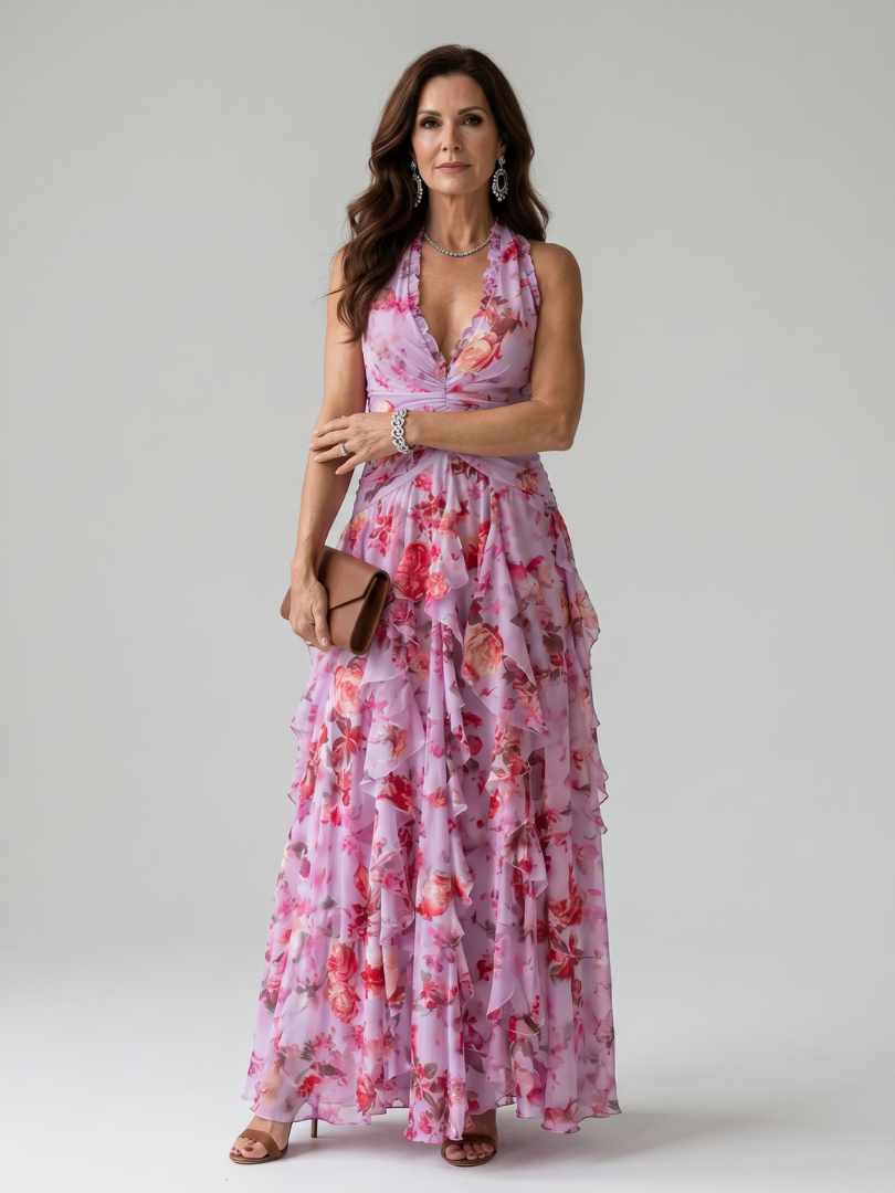 Damen Maxikleid mit Rüschendetails und Halterneck Jully
