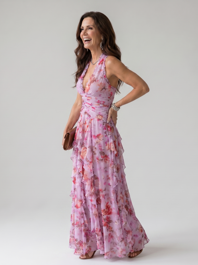 Damen Maxikleid mit Rüschendetails und Halterneck Jully