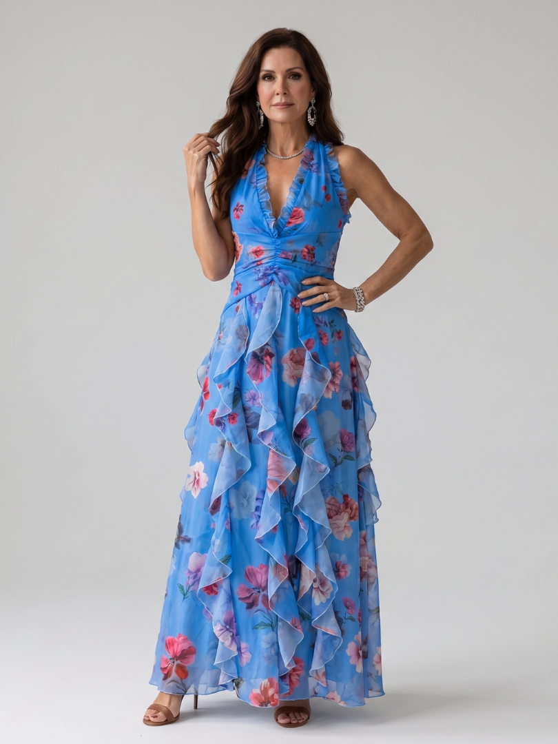 Damen Maxikleid mit Rüschendetails und Halterneck Jully