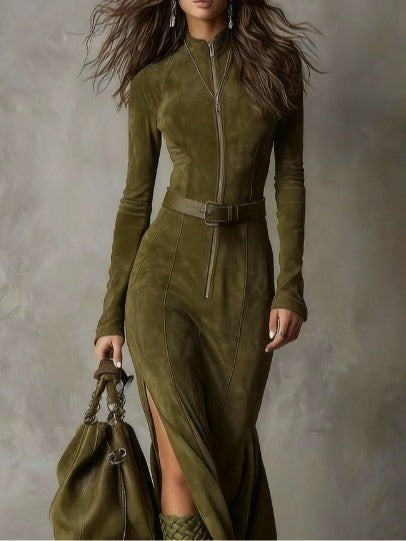 Damen Maxikleid mit Seitenschlitz und Taillengürtel Jully
