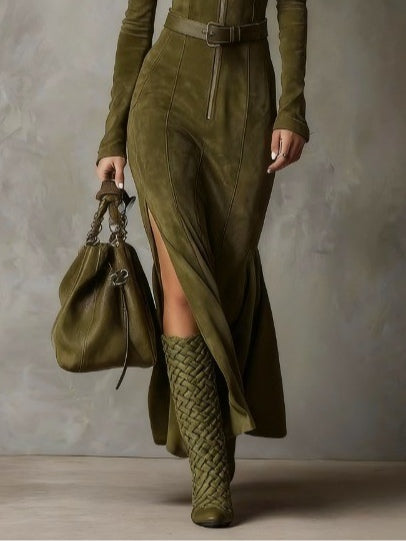 Damen Maxikleid mit Seitenschlitz und Taillengürtel Jully