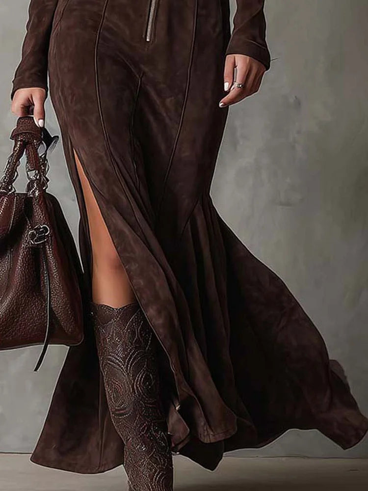 Damen Maxikleid mit Seitenschlitz und Taillengürtel Jully