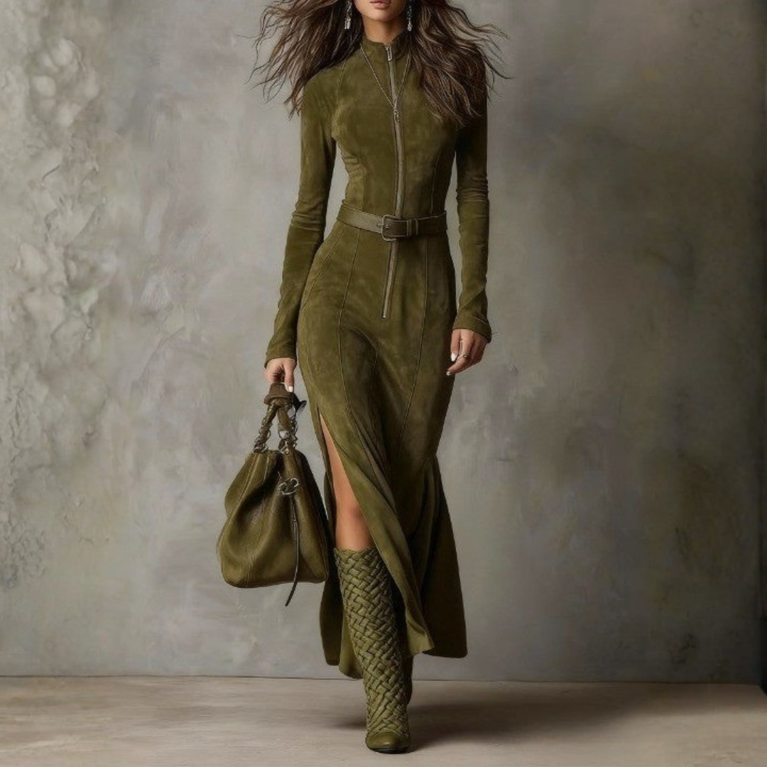 Damen Maxikleid mit Seitenschlitz und Taillengürtel Jully