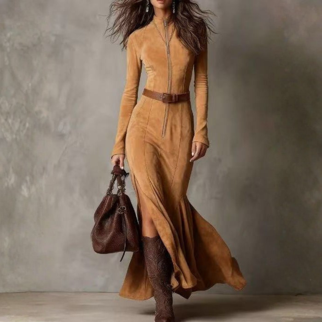 Damen Maxikleid mit Seitenschlitz und Taillengürtel Jully