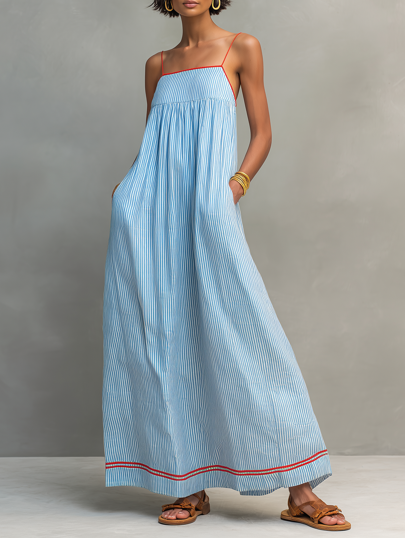 Damen Maxikleid mit Spaghettiträgern und Streifen Jully