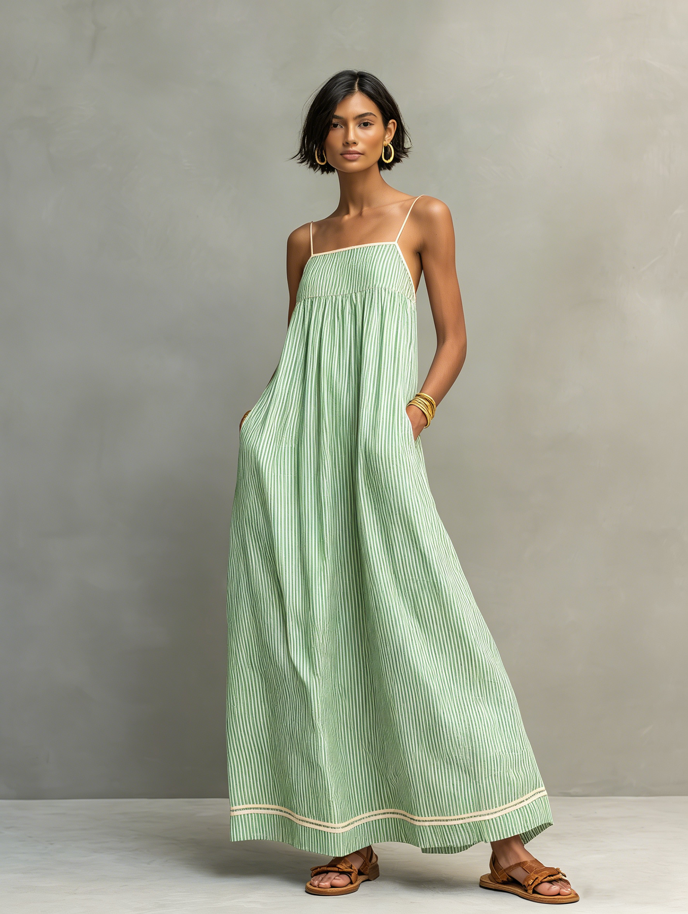Damen Maxikleid mit Spaghettiträgern und Streifen Jully