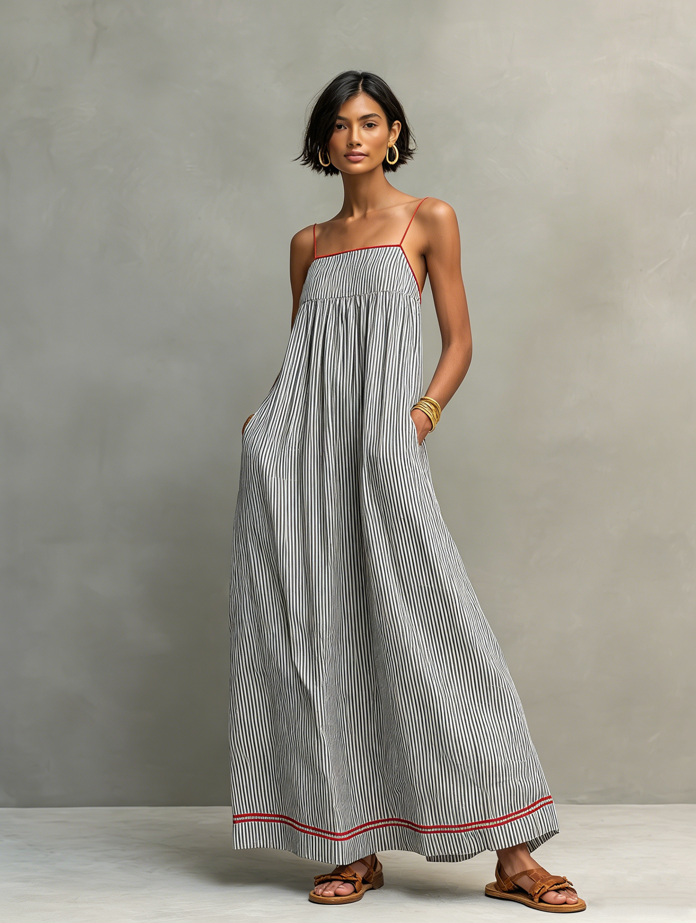 Damen Maxikleid mit Spaghettiträgern und Streifen Jully