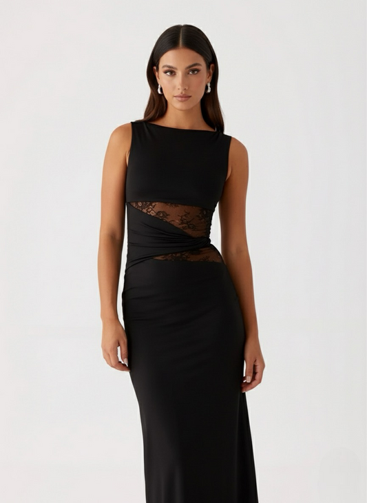 Damen Maxikleid mit Spitzenausschnitt in Schwarz Jully