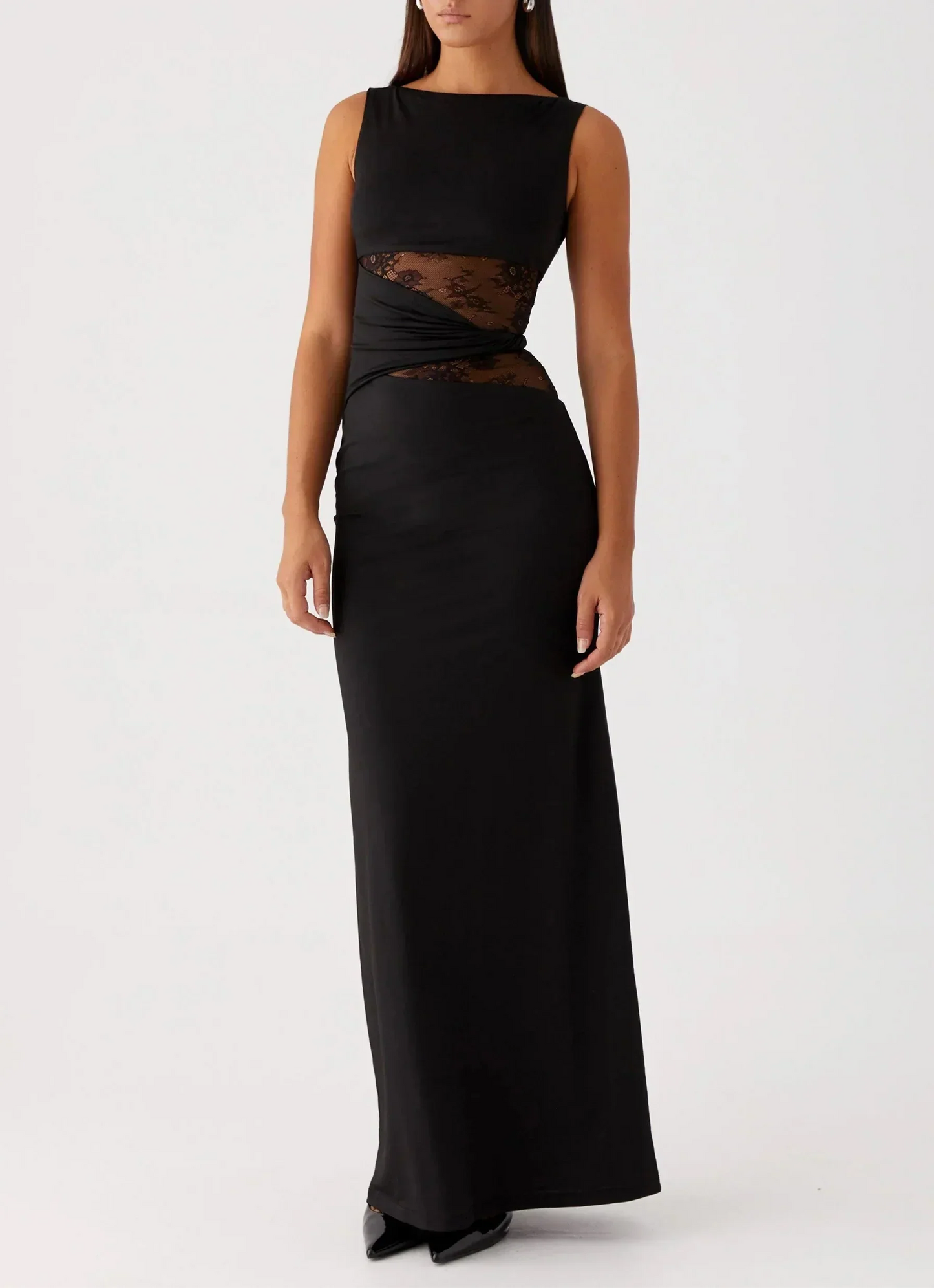 Damen Maxikleid mit Spitzenausschnitt in Schwarz Jully