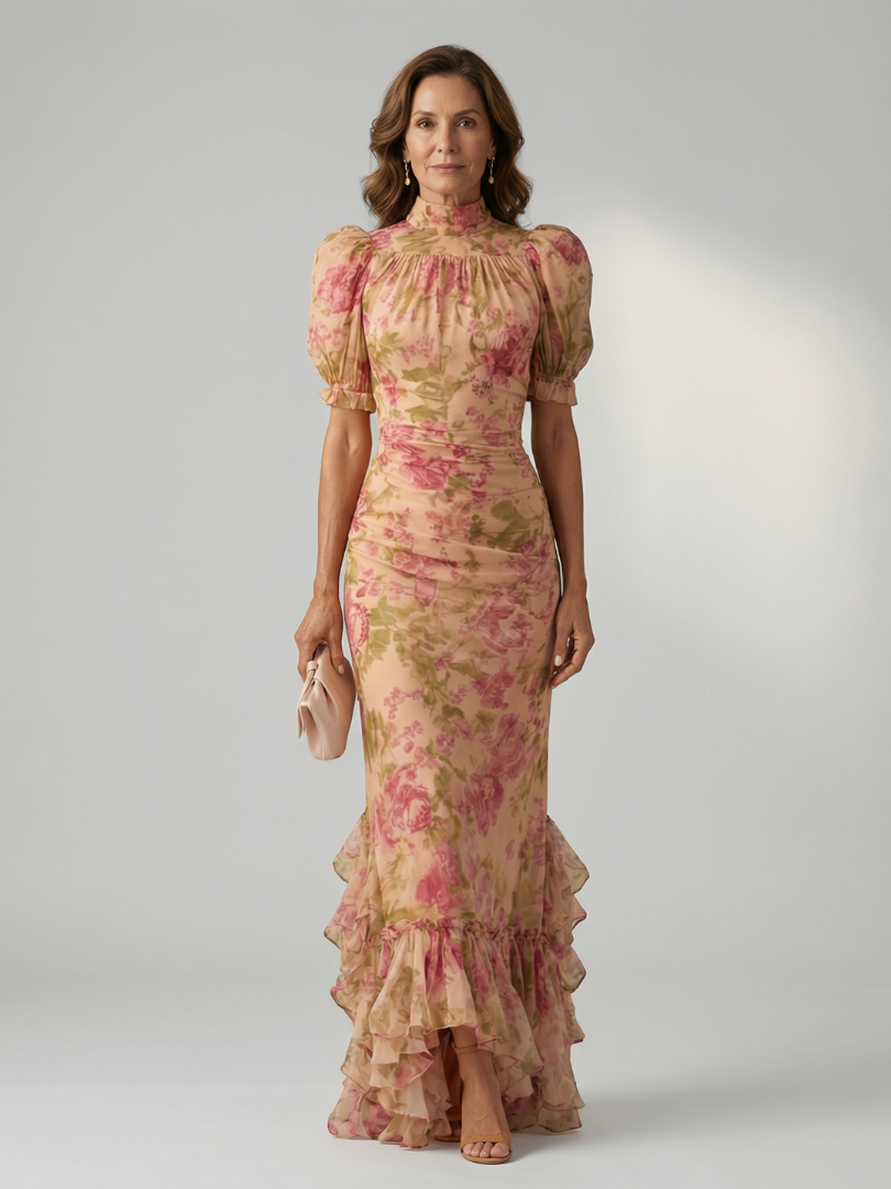 Damen Maxikleid mit Stehkragen aus weichem Stoff Jully