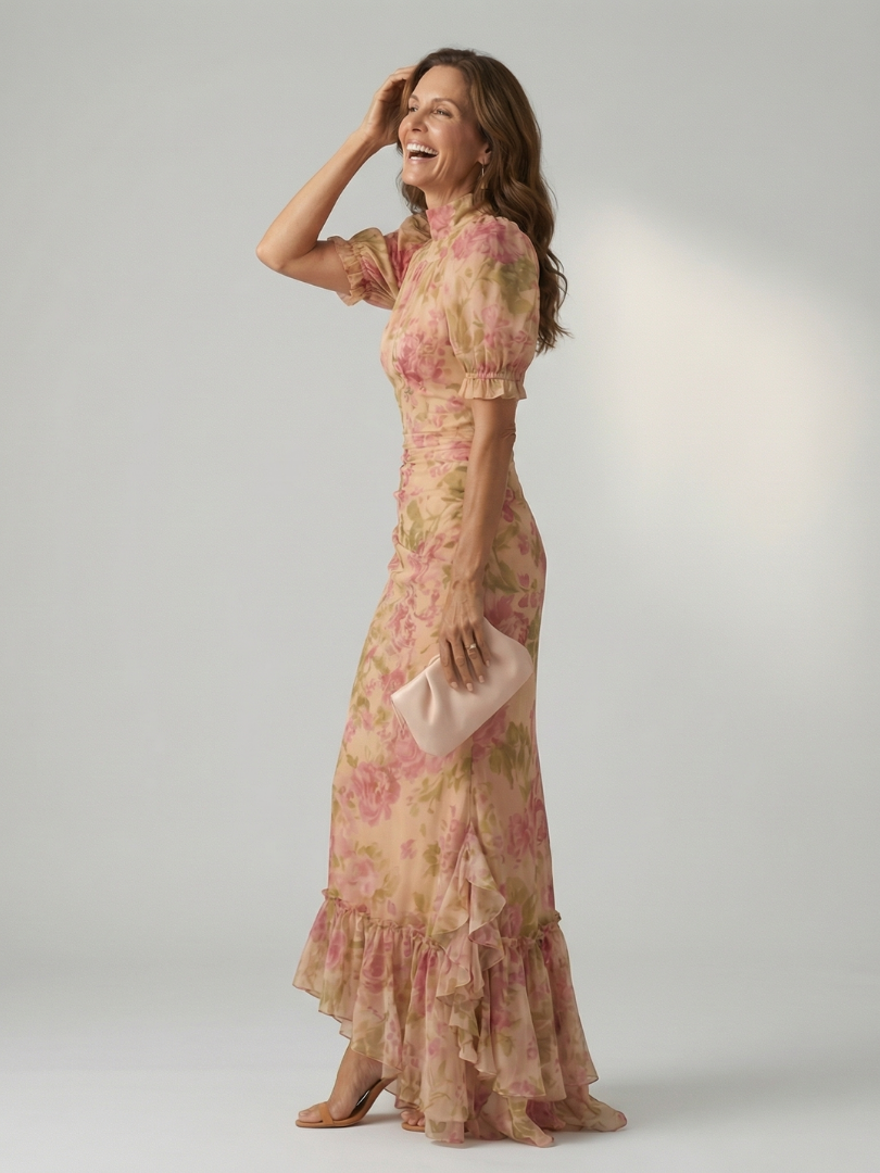 Damen Maxikleid mit Stehkragen aus weichem Stoff Jully