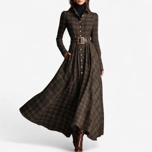 Damen Maxikleid mit Tartanmuster und verstellbarem Gürtel Jully