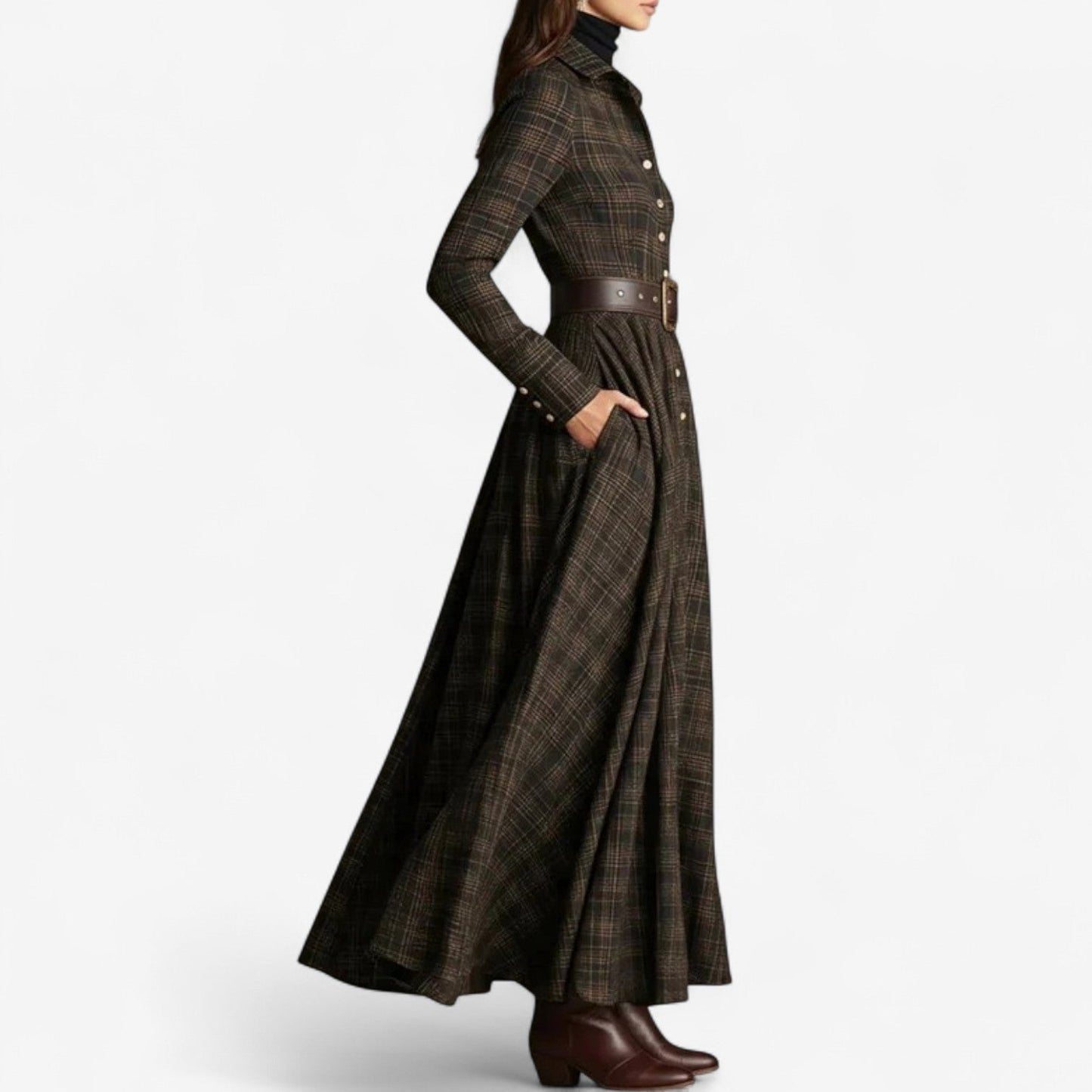 Damen Maxikleid mit Tartanmuster und verstellbarem Gürtel Jully