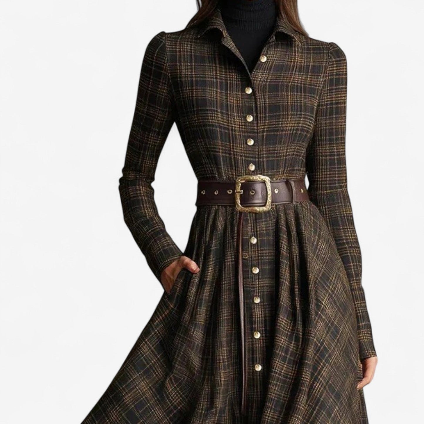 Damen Maxikleid mit Tartanmuster und verstellbarem Gürtel Jully