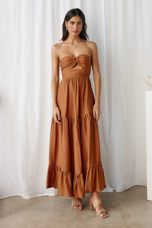 Damen Maxikleid mit Trägerloser Silhouette in Hellbraun Jully