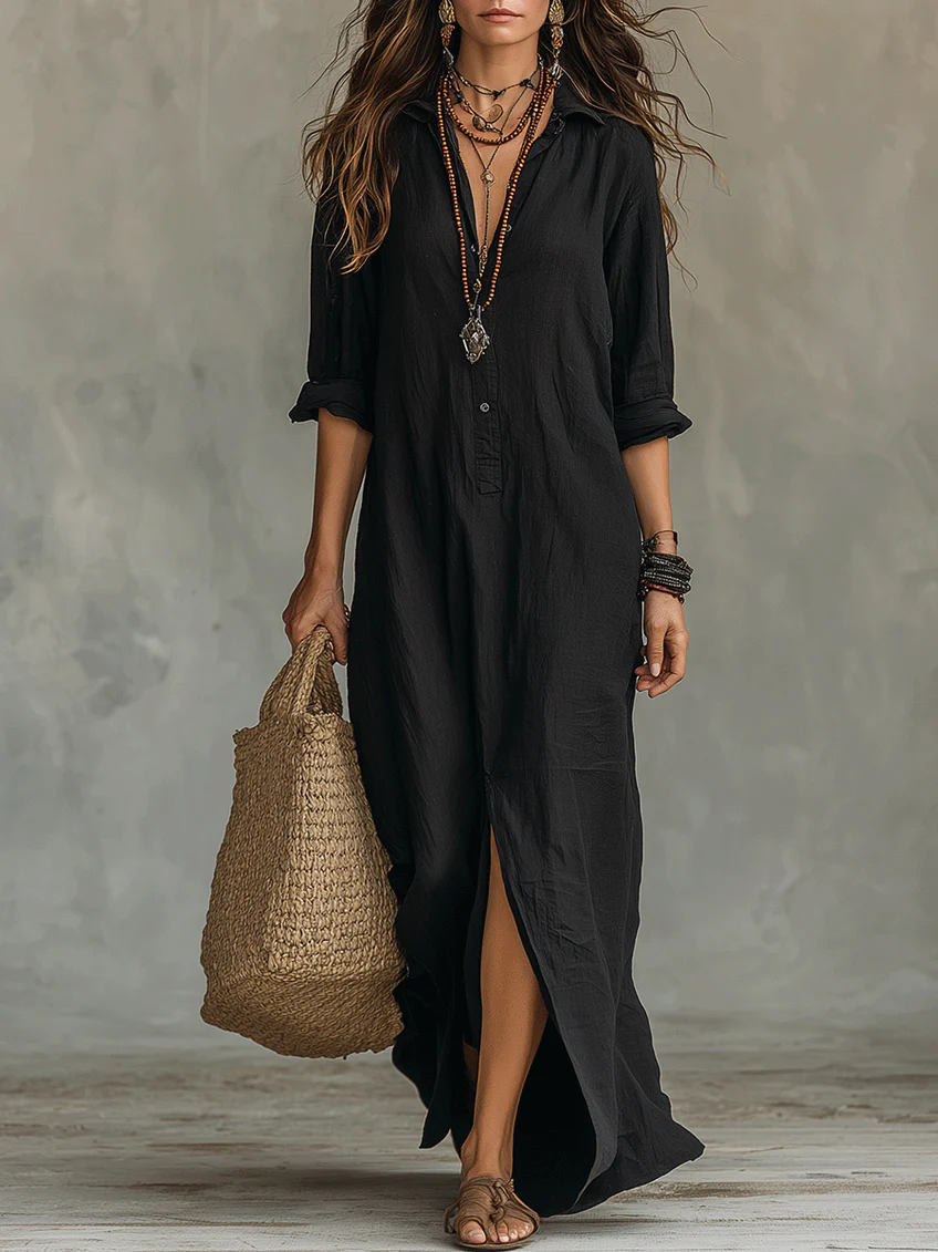 Damen Maxikleid mit V-Ausschnitt in Fließender Form Jully