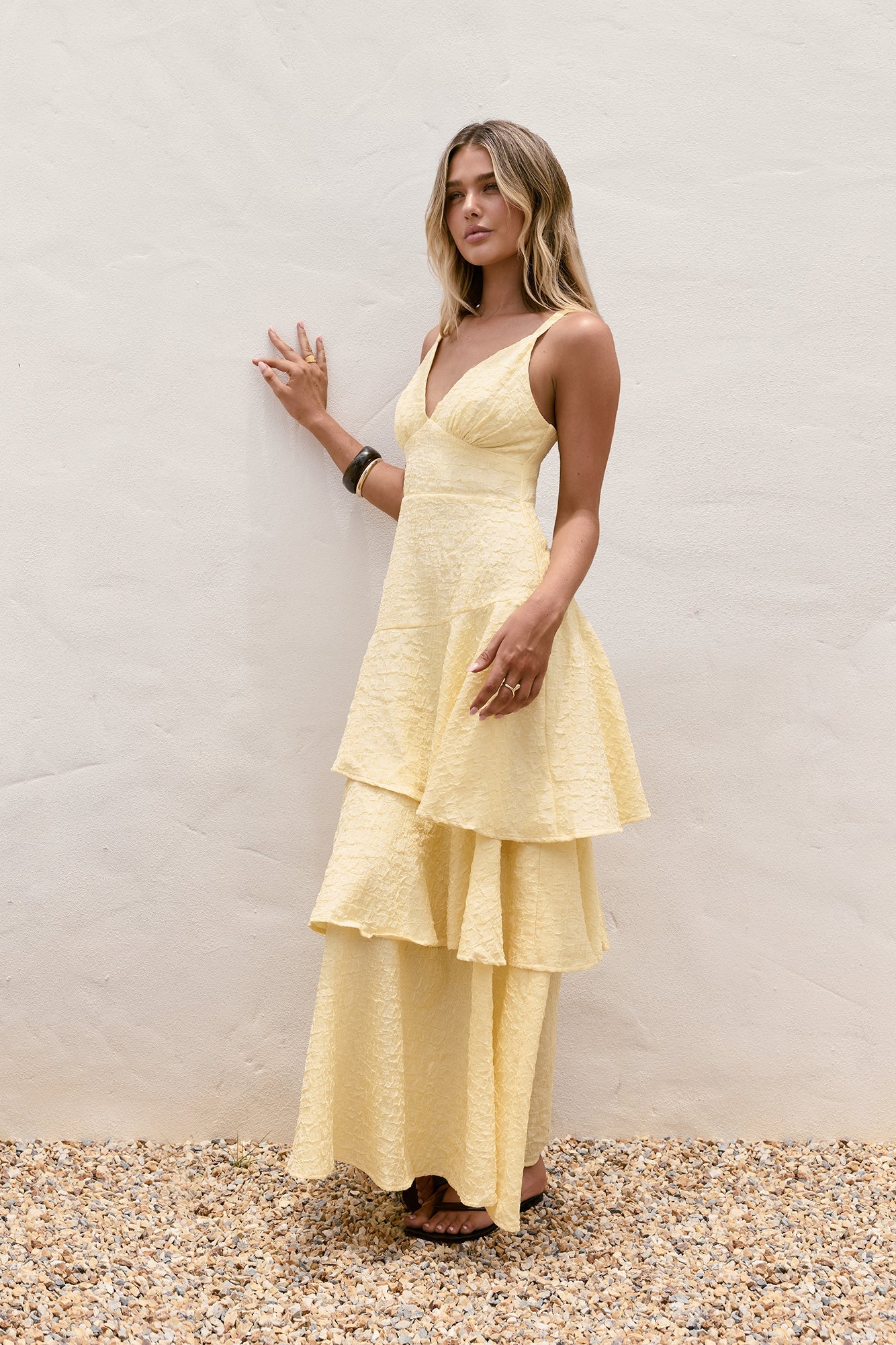 Damen Maxikleid mit V-Ausschnitt in Gelb Jully