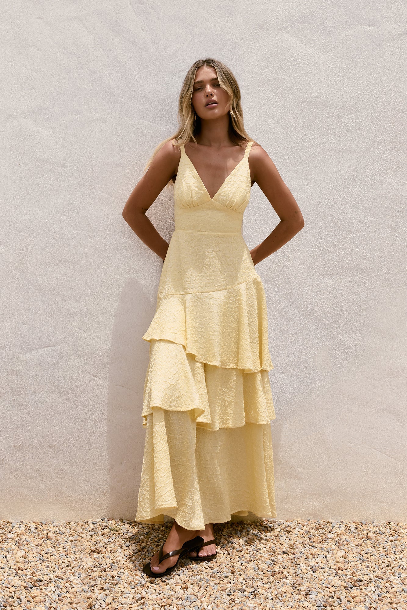 Damen Maxikleid mit V-Ausschnitt in Gelb Jully
