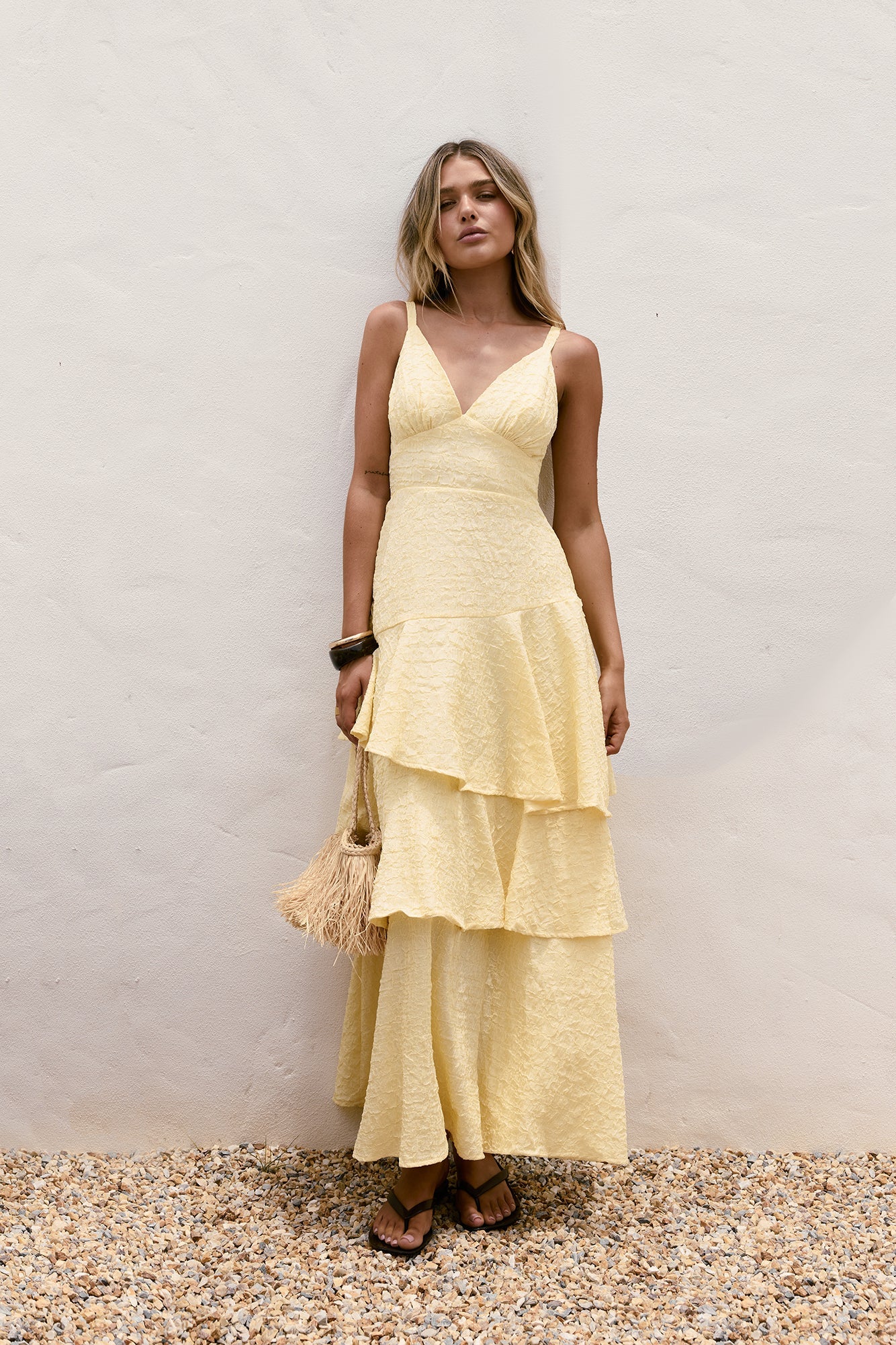 Damen Maxikleid mit V-Ausschnitt in Gelb Jully