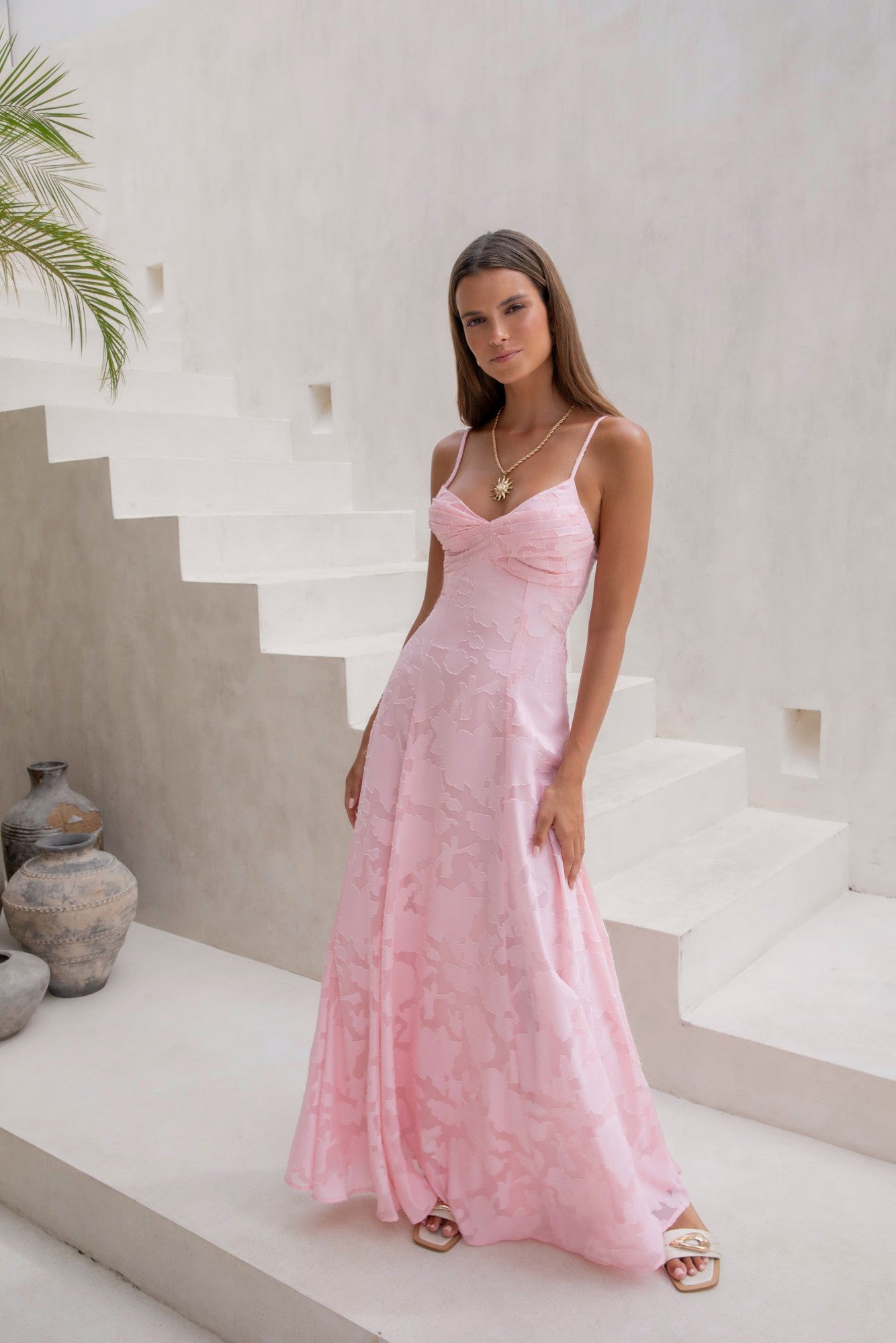 Damen Maxikleid mit V-Ausschnitt in Rosa Jully