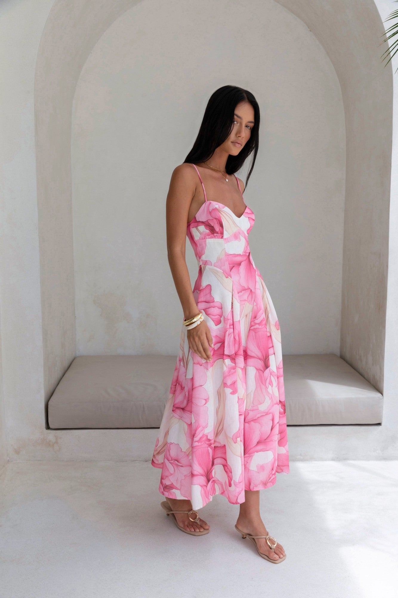 Damen Maxikleid mit V-Ausschnitt in Rosa Jully