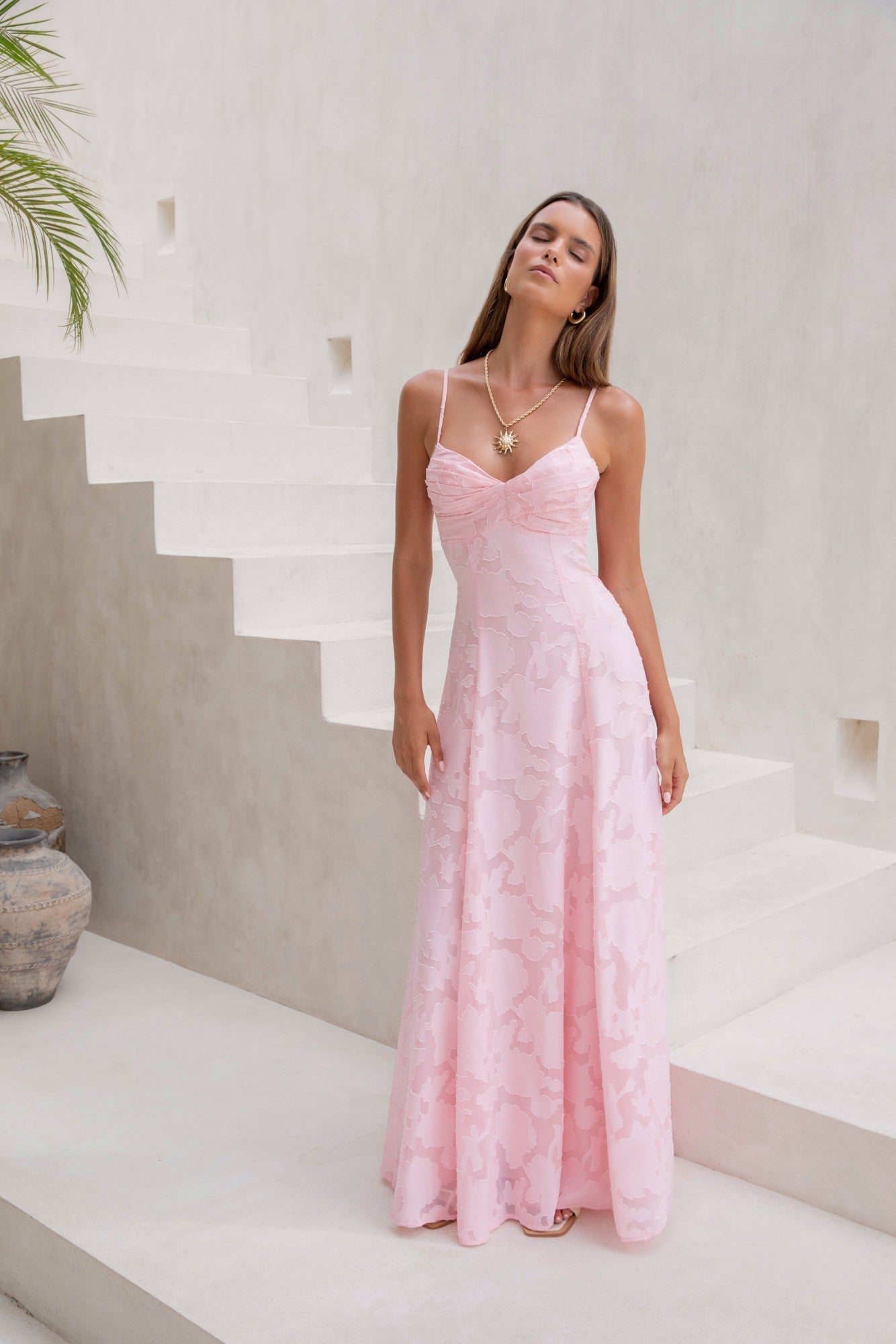 Damen Maxikleid mit V-Ausschnitt in Rosa Jully