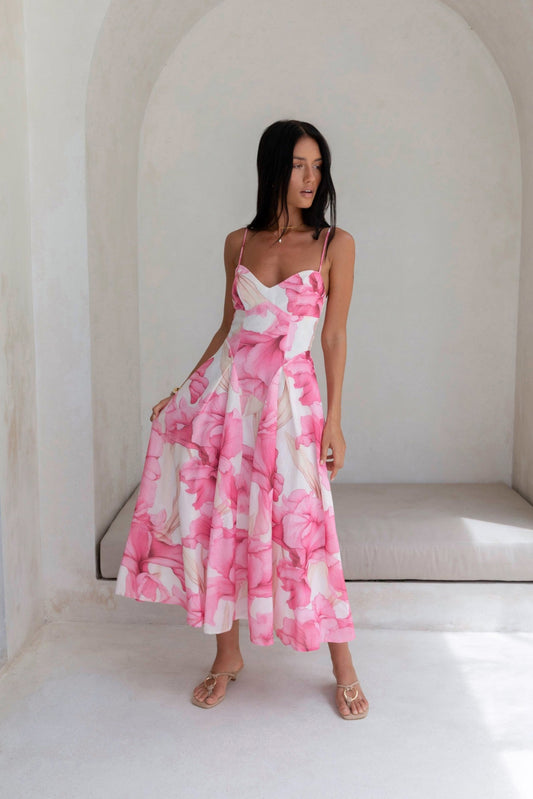 Damen Maxikleid mit V-Ausschnitt in Rosa Jully