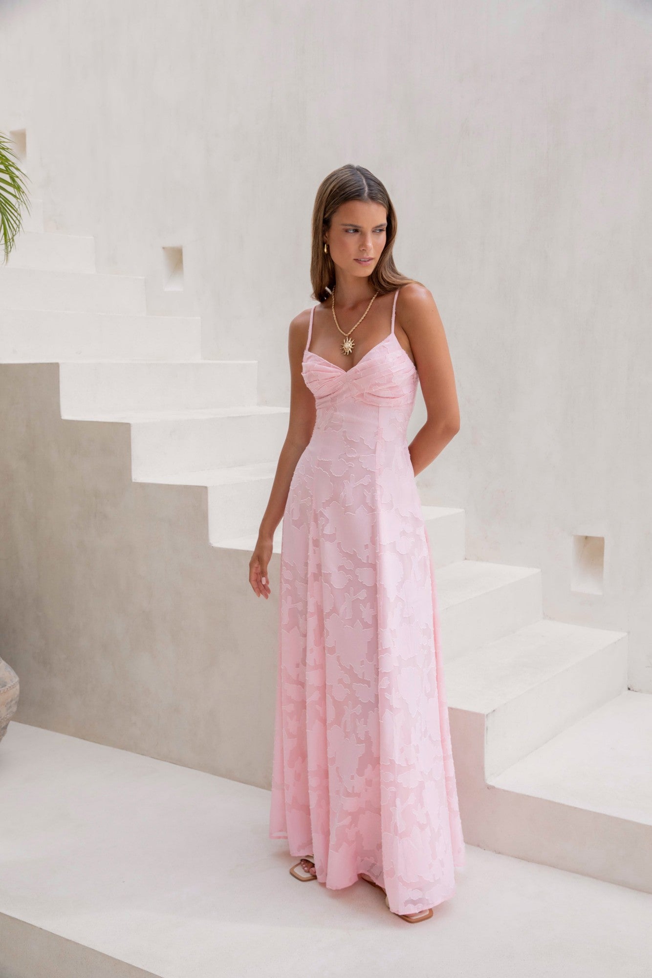 Damen Maxikleid mit V-Ausschnitt in Rosa Jully