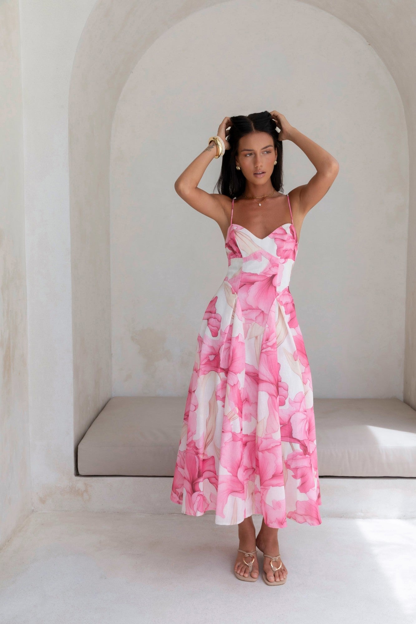 Damen Maxikleid mit V-Ausschnitt in Rosa Jully