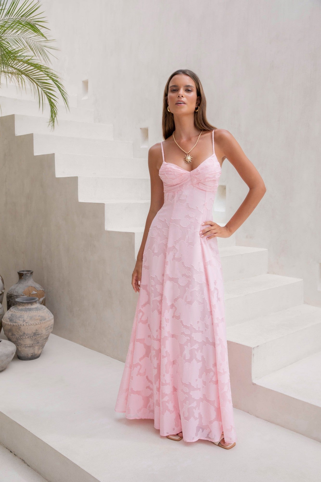 Damen Maxikleid mit V-Ausschnitt in Rosa Jully