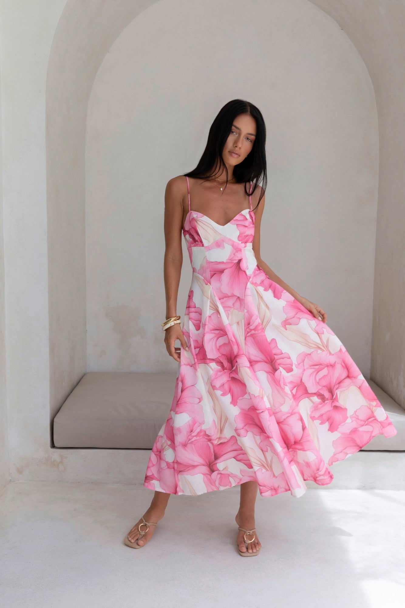 Damen Maxikleid mit V-Ausschnitt in Rosa Jully