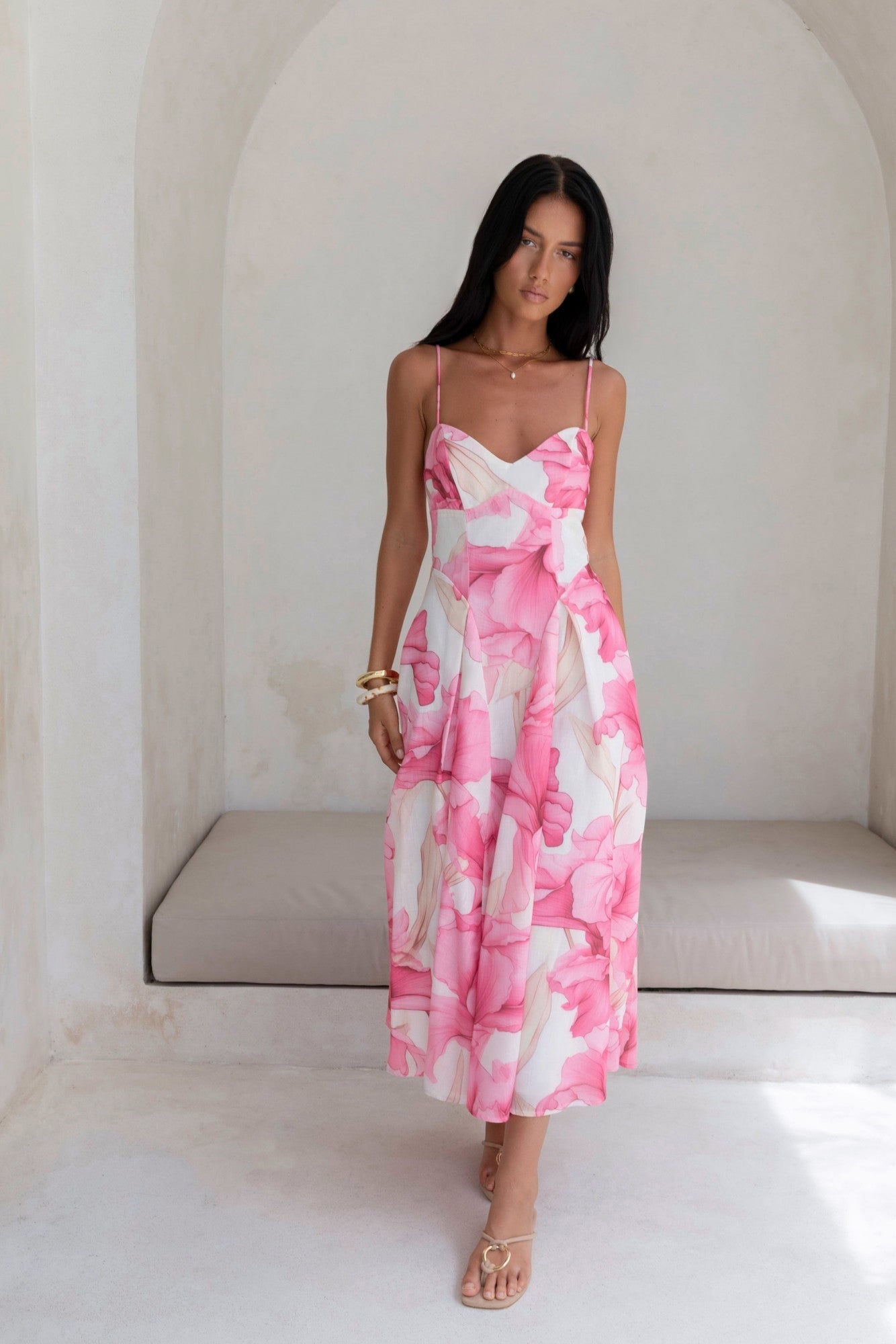 Damen Maxikleid mit V-Ausschnitt in Rosa Jully