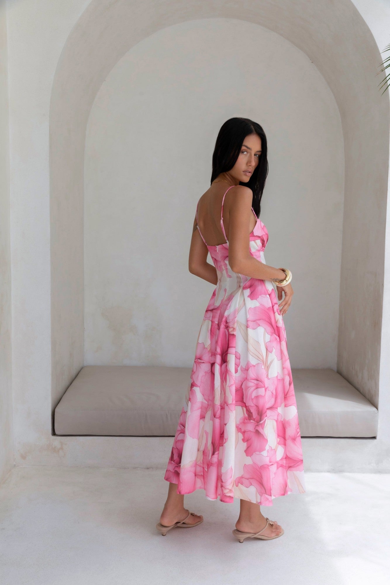 Damen Maxikleid mit V-Ausschnitt in Rosa Jully