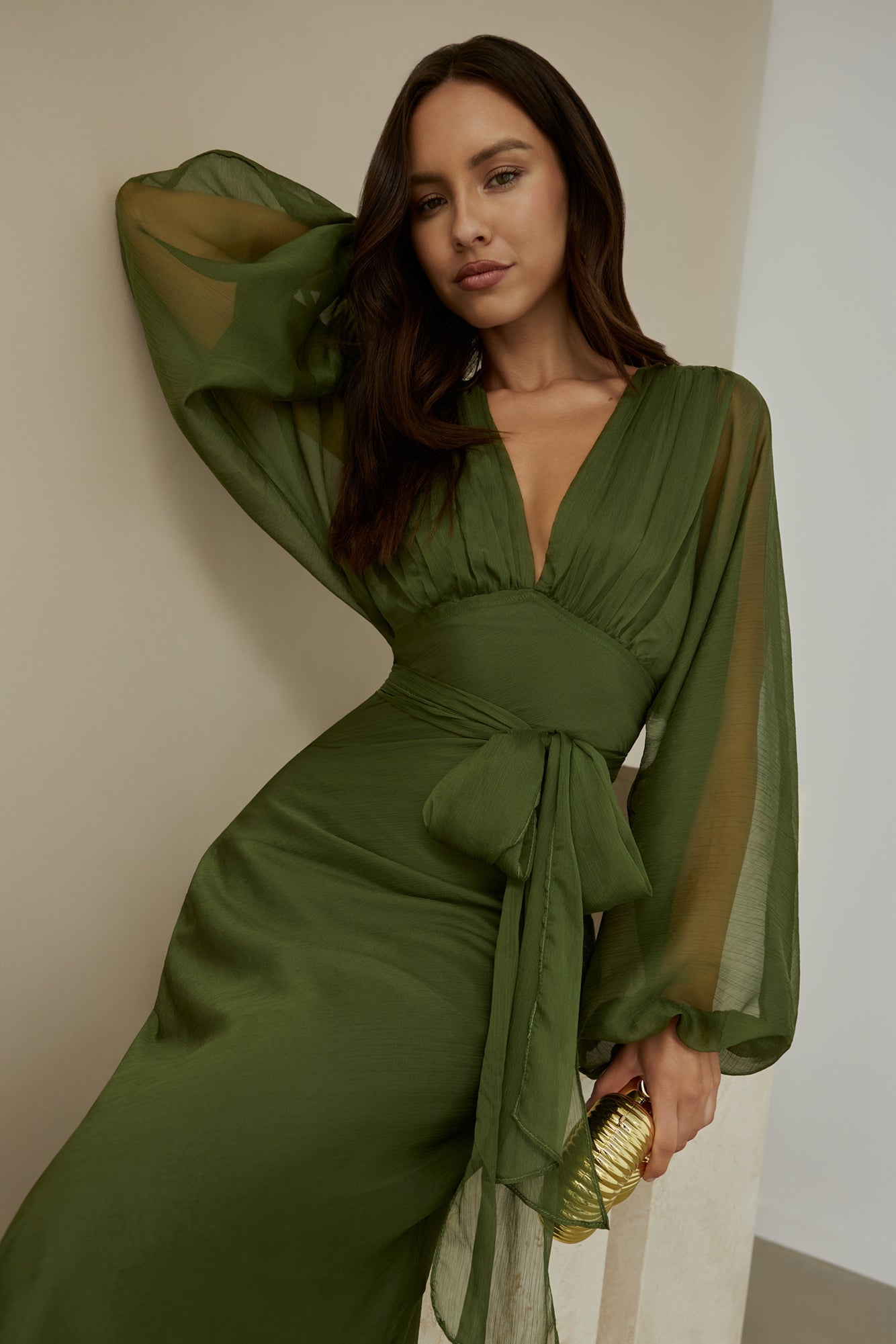 Damen Maxikleid mit V-Ausschnitt und Ballonärmeln Jully