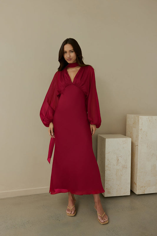 Damen Maxikleid mit V-Ausschnitt und Ballonärmeln Jully