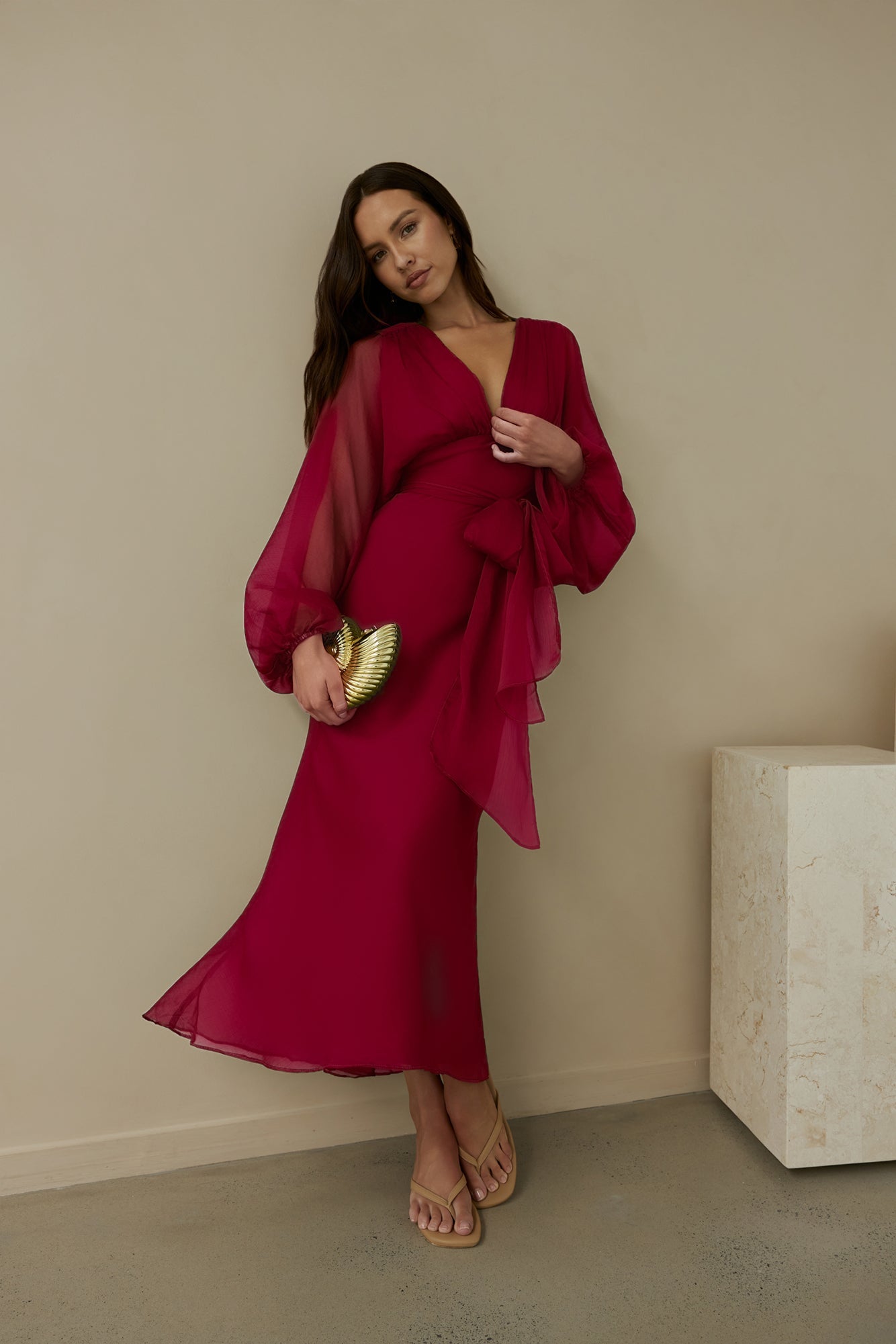Damen Maxikleid mit V-Ausschnitt und Ballonärmeln Jully